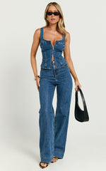 Bellerose Top - Front Zip Denim Fitted Top in Dark Blue Wash