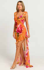 Theadore Maxi Dress - One Shoulder Asymmetric Hem Dress in Tropical Sunset