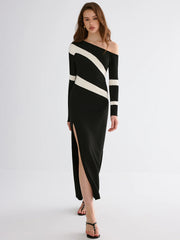 Striped Slit Off-Shoulder Maxi Dress