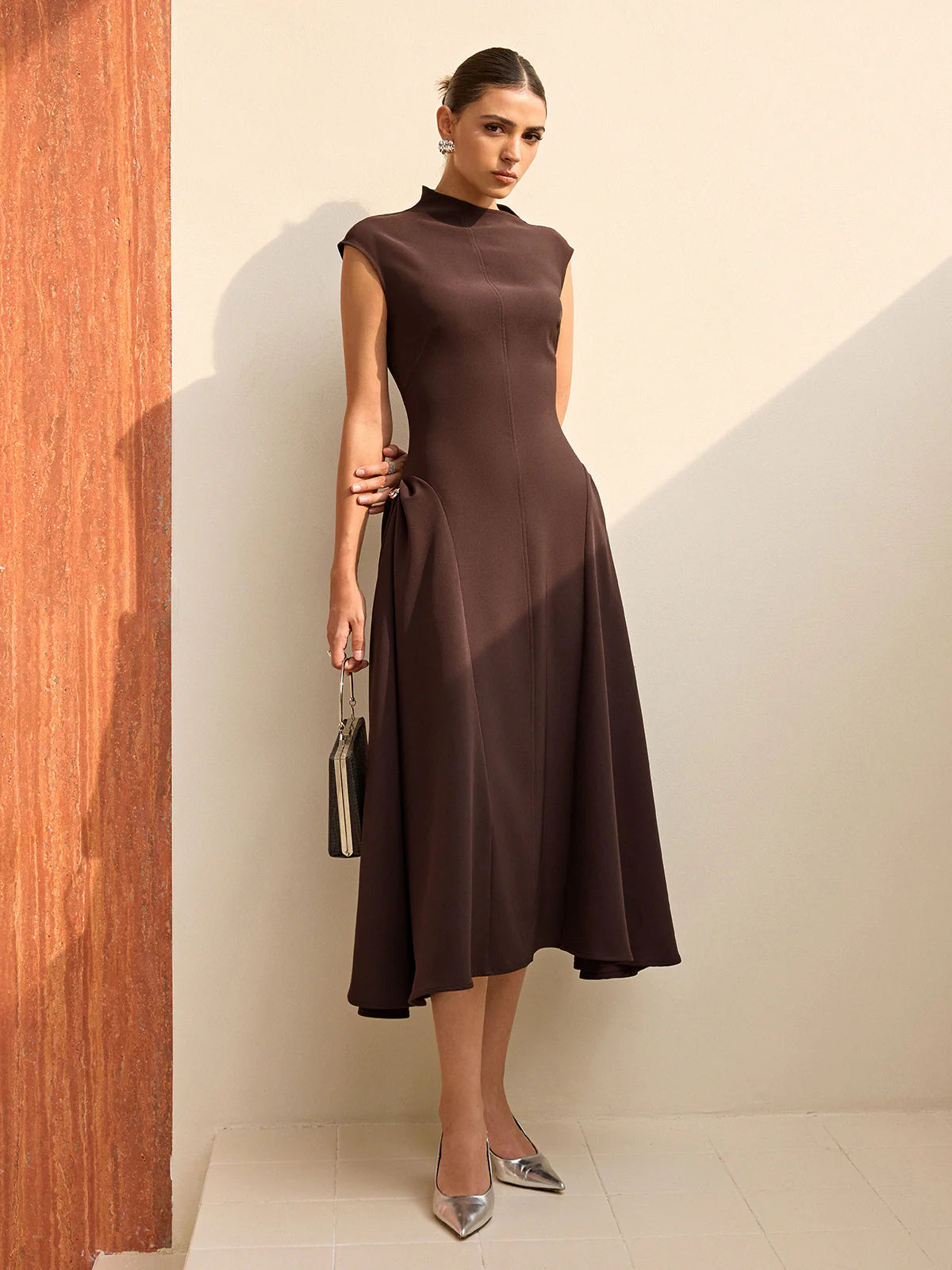Asymmetrical Neck Cap Sleeve Maxi Dress