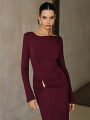 Metal Buckle Long Sleeve Ruched Maxi Dress