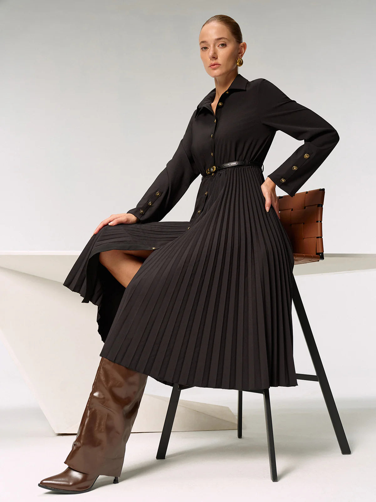 Metal Button Belted Pleated Shirt Dress