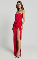 Brydie Maxi Dress - Strapless Corset Draped High Split Dress in Red