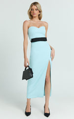 Veronica Midi Dress - Sweetheart Strapless Bow Detail High Split Dress in Blue & Black