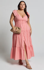 Addi Midi Dress - Button Front Plunge Neck Short Flutter Sleeve Tiered in Peach Fuzz