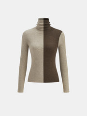 Two-Tone Turtleneck Ribbed Knit Top