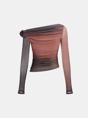 3D Rose Detail Ombre Mesh Off-Shoulder T-Shirt