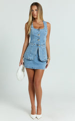 Paige Mini Skirt - High Waisted Denim Skirt in Mid Blue Wash