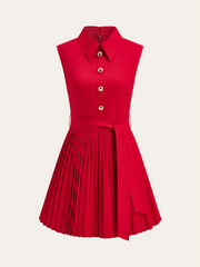 Shirt-Collar Pleated Dress with Belt