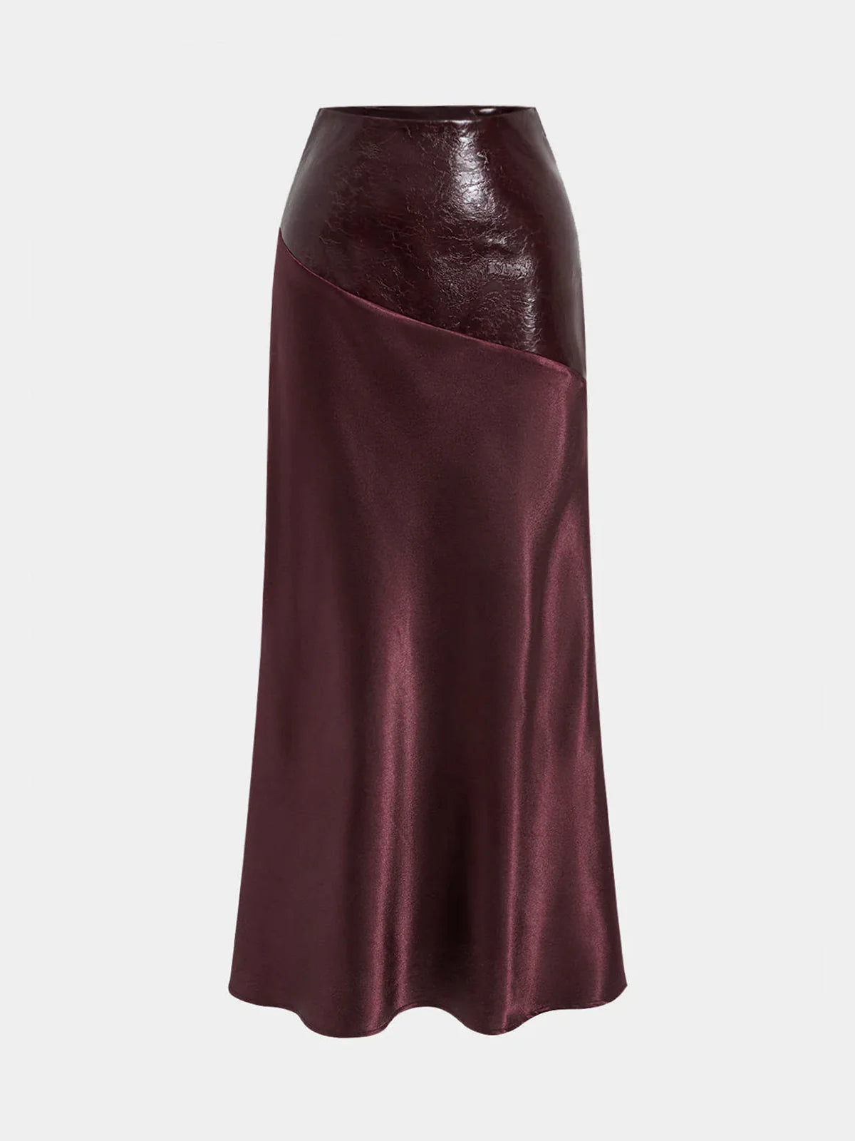 Faux Leather Panel Asymmetric Satin Maxi Skirt