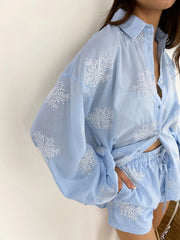 Semi-Sheer Plant Embroidery Casual Shorts Set