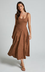 Adelyn Midi Linen Dress - Square Neck Sleeveless A Line Dress in Tobacco