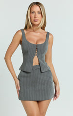 Fiona Top - Pinstripe Scoop Neck Hook And Eye Front Top in Dark Grey