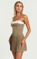 Aaron Mini Dress - Strappy Fit And Flare Pleat Skirt Dress in Light Brown