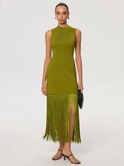 Fringe Hem Tencel Sleeveless Maxi Dress
