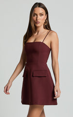 Katia Mini Dress - Strappy Corset A Line Dress in Chocolate