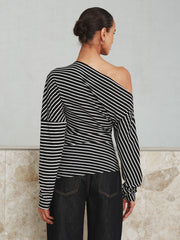 Striped Asymmetric One-Shoulder T-Shirt