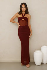 Irresistible Style Mesh Halter Maxi Dress Burgundy