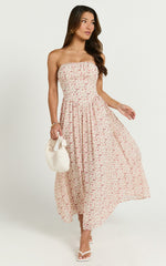 Amie Midi Dress - Strapless Full Skirt Midi Dress in Rosy Floral