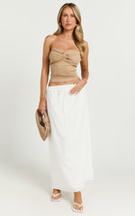 Jelena Top - Jersey Strapless Twist Front Top in Tan