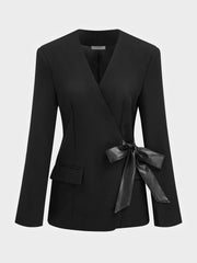 Wrap Front Faux Leather Bow Detail Blazer