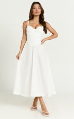 Jonas Midi Dress - Ruched Corset Lace Trim Dress in Ivory