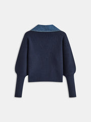 Leg-Of-Mutton Sleeve Denim Panel Knit Cardigan