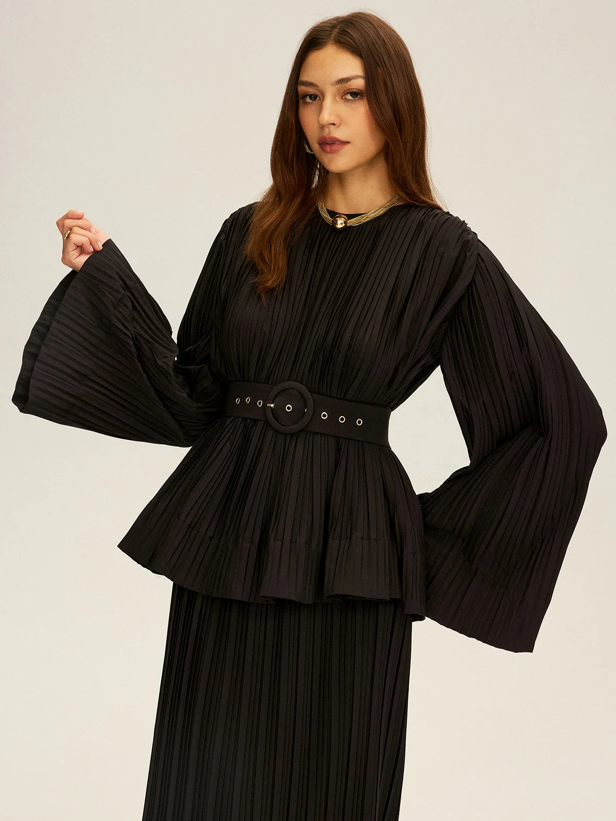 Pleated Bell Sleeve Belted Peplum Blouse