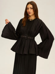Pleated Bell Sleeve Belted Peplum Blouse