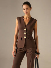 V-Neck Striped Metal Button Tank Top