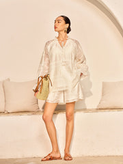 Embroidery Detail Long Sleeve Shorts Set