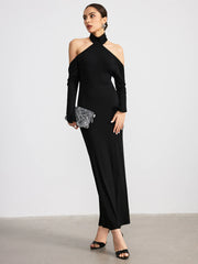 Halter Neck Backless Long Sleeve Knit Maxi Dress