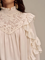 Embroidered Mock Neck Ruffled Blouse