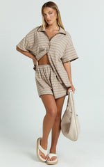 Laura Two Piece Set - Stripe Waffle Knit Shirt & Short Set in Brown/Cream Stripe
