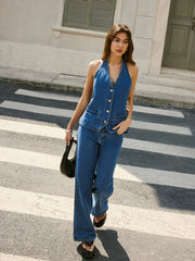 Denim Back Tie Halter Vest