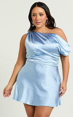 Adelaide Mini Dress - Off Shoulder Bias Cut Dress in Dove Blue