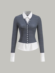 2 in 1 Striped Ribbed Paneled Long-Sleeve Blouse
