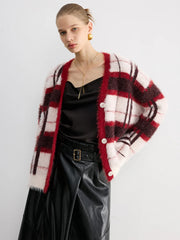 Knit Fluffy Checkered Cardigan