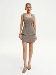 Belted Houndstooth Square-Neck Vest