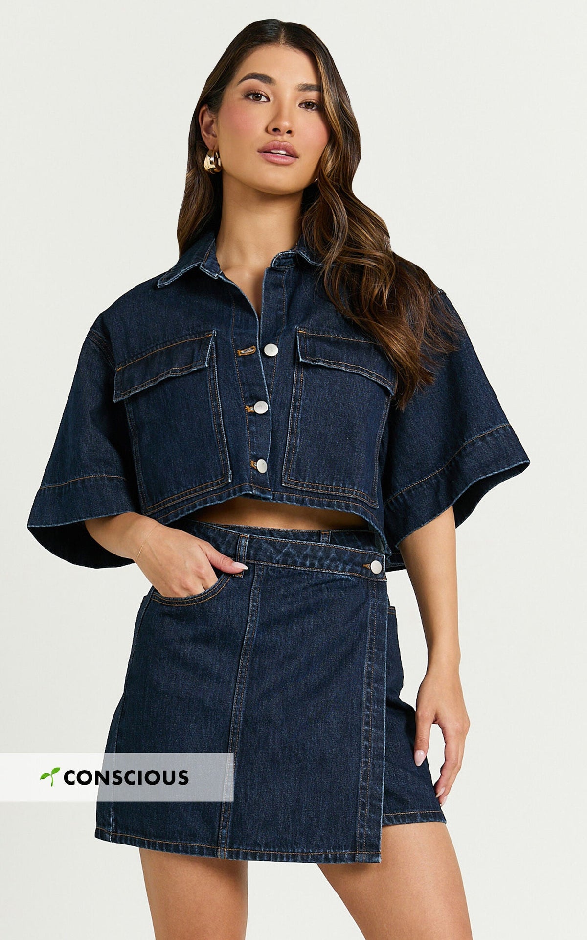 Katherine Top - Crop Button Down Collared Recycled Denim Short Sleeve Top in Dark Blue Wash