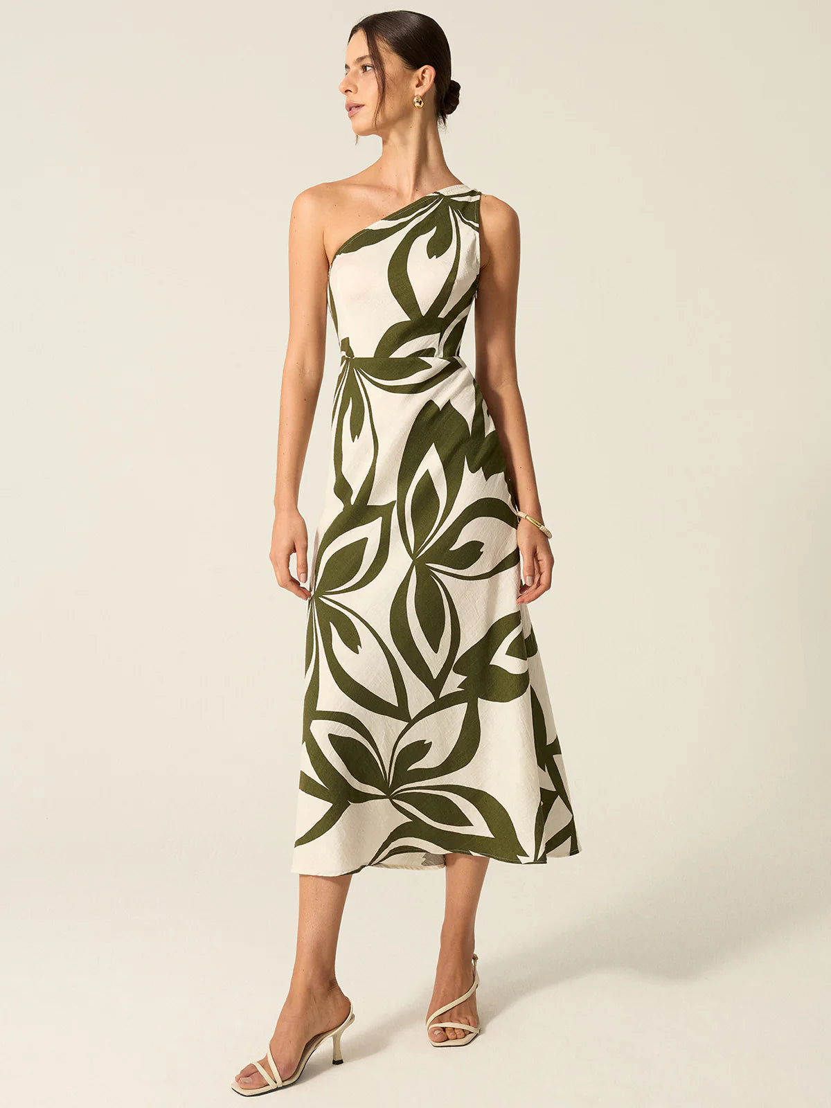 One-Shoulder Printed Midi Dress