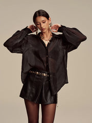 Sheer Chiffon Textured Metal Button Shirt