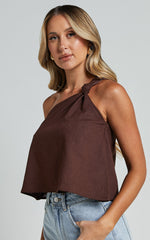 Analia Top - Linen Look One Shoulder Knot Detail Top in Chocolate