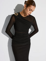 Metal Brooch Semi-Sheer Mesh Long Sleeve T-Shirt