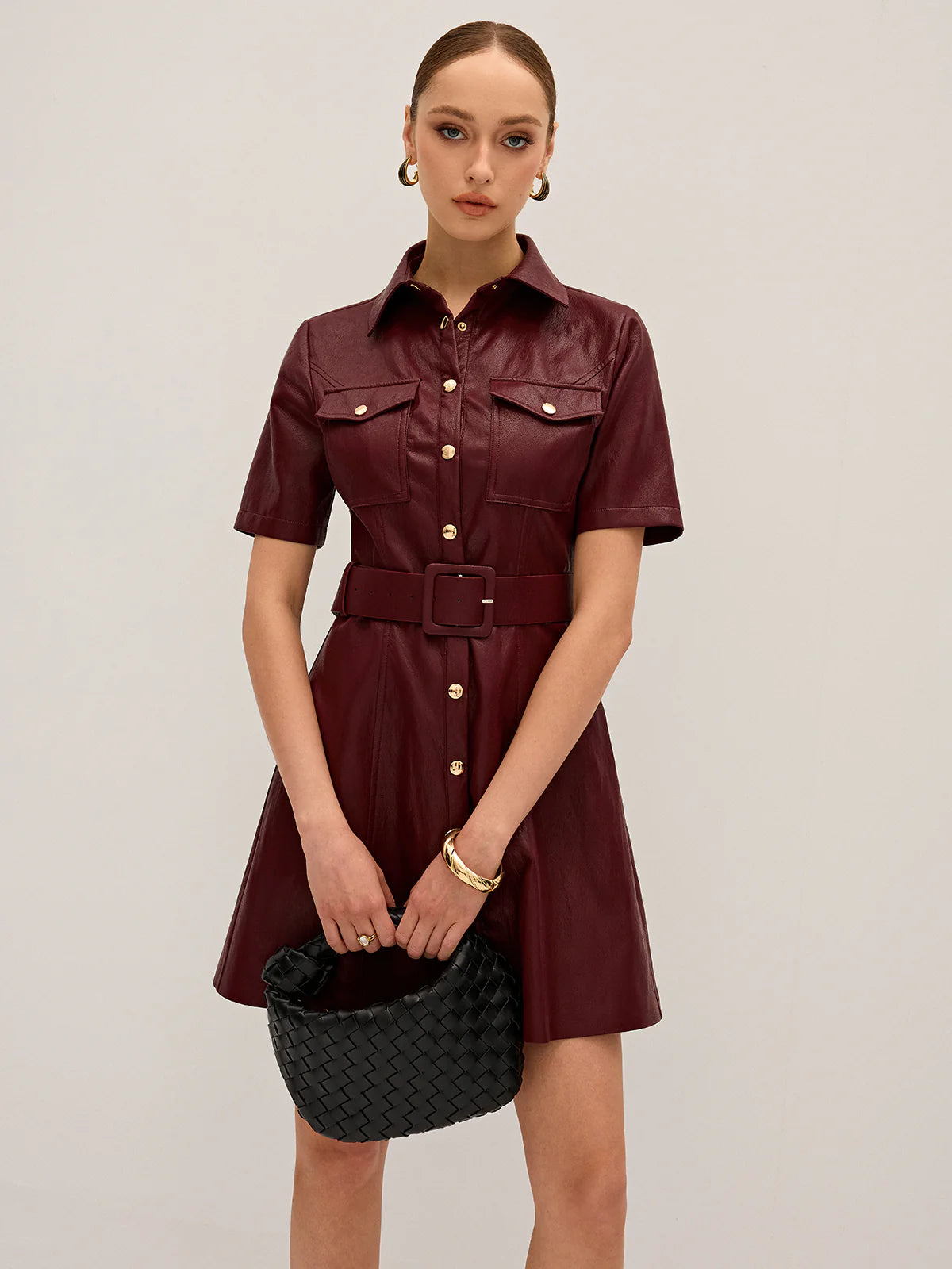 Shirt Collar Belted PU Leather Mini Dress