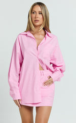 Anziel Top - Oversized Long Sleeve Linen Blend Shirt in Pale Pink