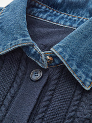 Denim Collar Cable Knit Button-Front Peplum Cardigan
