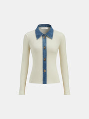 Wool Blend Denim Collar Metal Button Cardigan