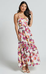 Adara Midi Dress - Strappy Bustier Dress in Dahlia Dusk Floral