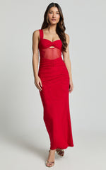 Adalee Midi Dress- Sheer Panel Ruched Bust Dress in Red